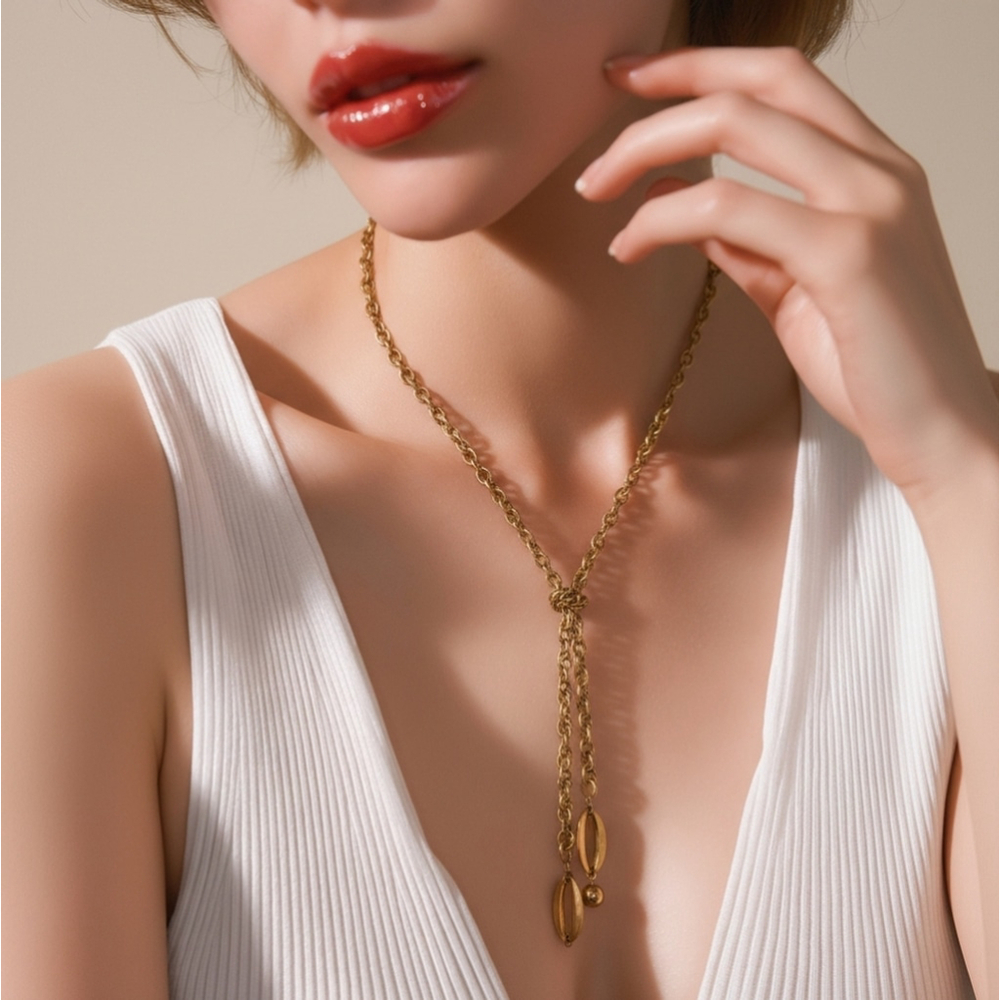 Vintage Art Deco adjustable Chunky Chain gold brass Y necklace